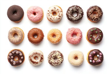 Fototapeta premium Assorted Donuts Arrangement with Colorful Icing and Sprinkles on White Background