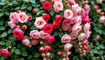 Fototapeta premium Charming Rose Cascade A cascade of cascading roses in various shades of pink and red, surrounded by lush green leaves.