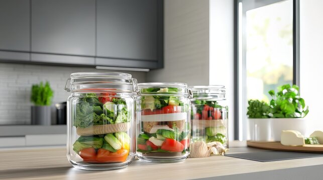Salads layered in glass jars, ready for meal prep and healthy eating in a bright, modern kitchen.