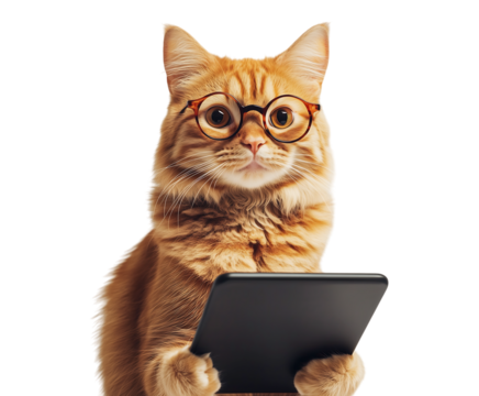 Smart Ginger Cat - A clever orange cat with academic accessories like glasses and tablet. Isolated on transparent background, ideal for school-themed designs.