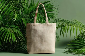 Stylish tote bag surrounded by lush green foliage.