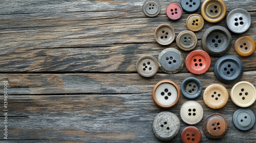 Poster assorted buttons are scattered on a weathered wooden surface creating a textured background.