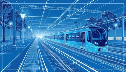 Modern Electric Train Arriving at a Platform Cityscape Architectural Blueprint