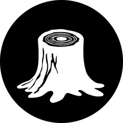 Monochrome vector graphic featuring a tree stump set against a circular backdrop