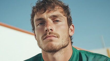 Fototapeta premium Close Up Portrait of Freckled Young Man in Green Shirt Outdoors