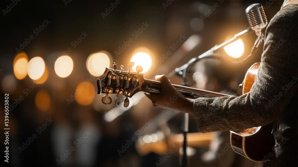 Poster guitarist performs on stage with microphone in soft-focus background generative ai