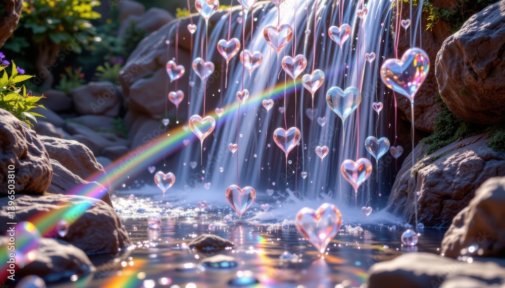 Poster crystal heart cascade a waterfall of shimmering crystal hearts, reflecting light and creating rainbo