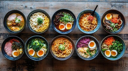 A variety of Japanese ramen bowls arranged beautifully on a wooden table.