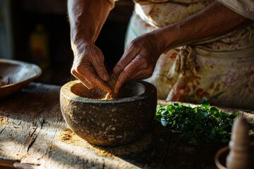Hands grinding fresh spices in a mortar, the rich aroma filling the air. The kitchen is quiet, sunlight catching the edge of the wooden table