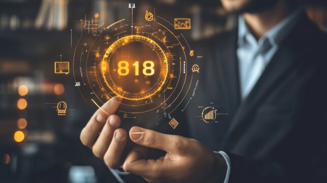 Digital Innovation: A Businessman Interacting with a Futuristic Interface Showing Number 818