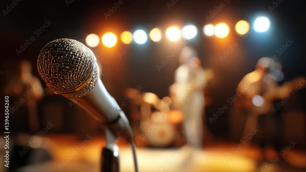 Poster guitarist on stage with microphone soft background generative ai