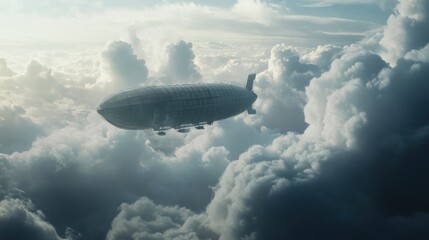 Vintage dirigible sailing majestically through a sea of fluffy cumulus clouds