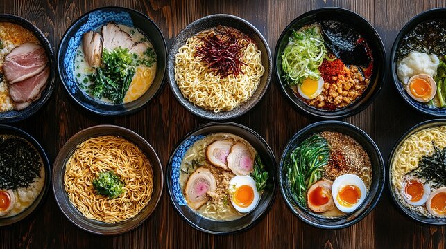 A variety of Japanese ramen bowls arranged beautifully on a wooden table.
