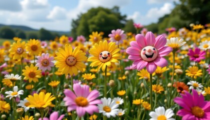 Obraz premium Whimsical Flower Field A whimsical field of flowers with faces, singing and swaying in the gentle breeze.