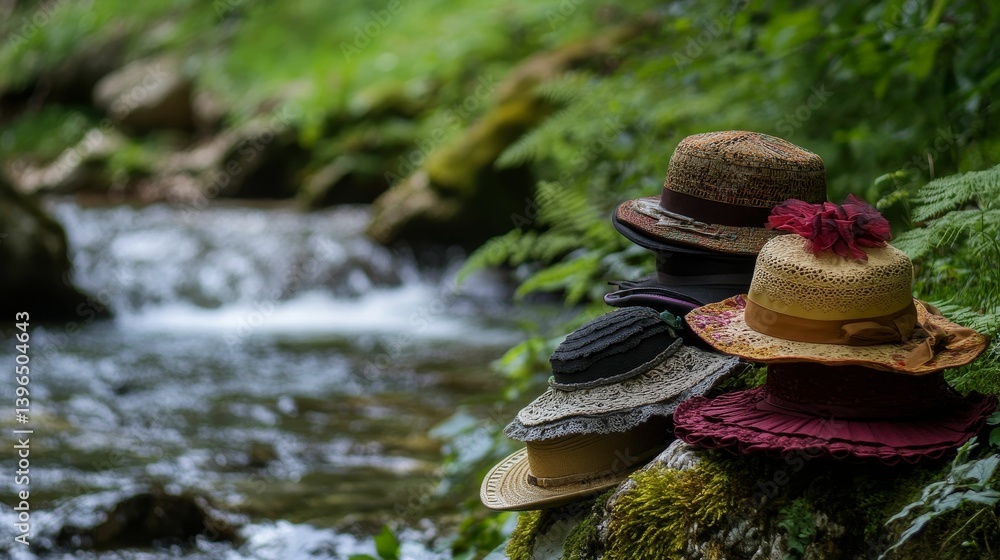 Poster stack of hats near a flowing stream with green foliage in the background.