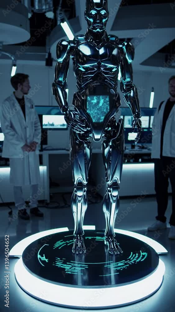 Poster futuristic lab scene with a humanoid robot on a glowing platform. low-angle shot highlights the robo