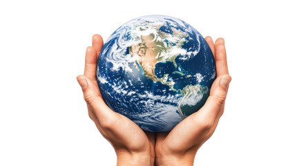 Closeup of hands holding the planet earth globe sphere isolated on transparent background	