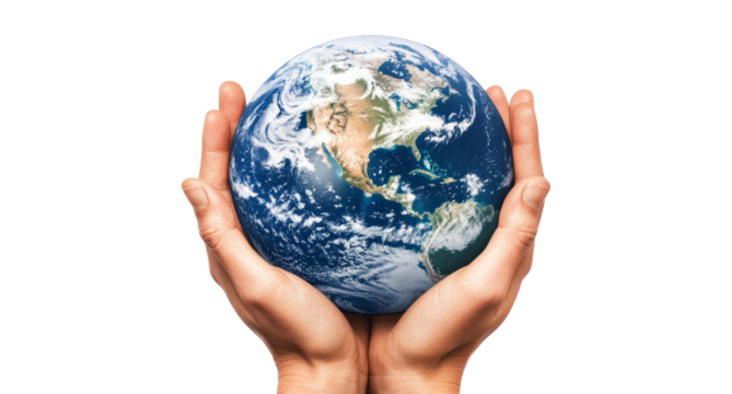 Closeup of hands holding the planet earth globe sphere isolated on transparent background	 - Powered by Adobe