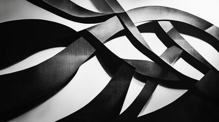 Abstract black and white image shows interwoven ribbons or bands against a light background.