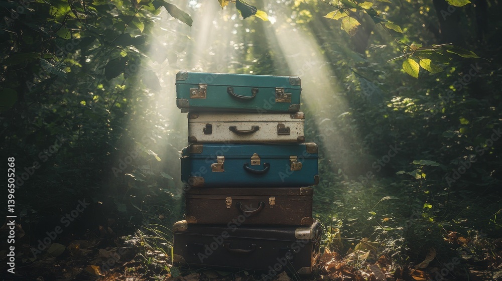 Poster stack of vintage suitcases in a forest with sunlight streaming through the trees.