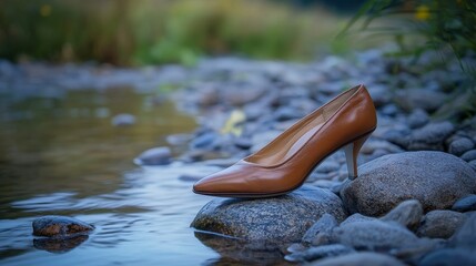 Brown high heel shoe rests on rocks in a shallow stream.