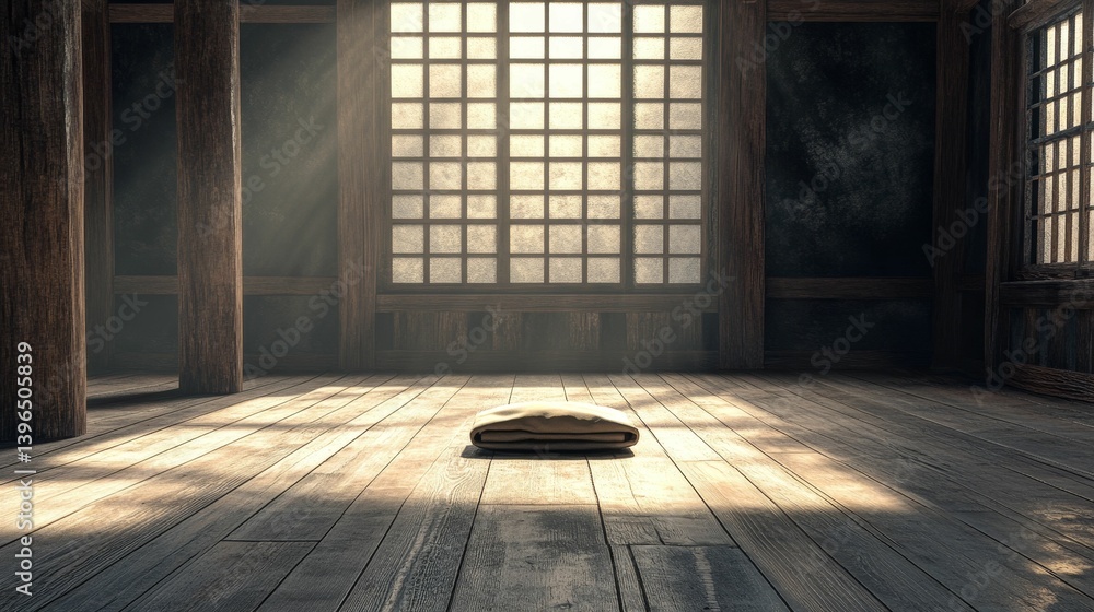 Poster empty room with wooden floor columns and large window light shining through.