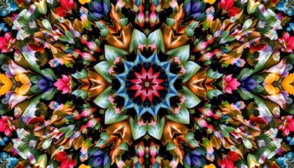 Fototapeta premium Botanical Kaleidoscope A kaleidoscopic pattern created from various leaves and flowers, showcasing intricate details and colors.