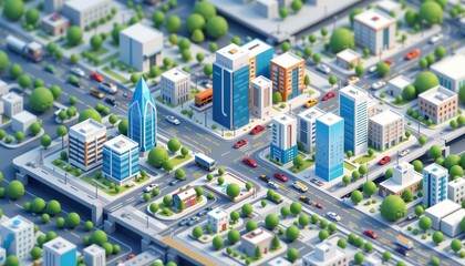 Modern Cityscape Aerial View Low Poly 3D Model of Urban Infrastructure with Buildings and Vehicles