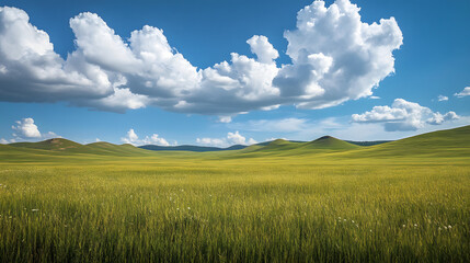 Fototapeta premium sky, grass, field, landscape, meadow, green, nature, blue, summer, cloud, clouds, horizon, agriculture, spring, land, country, rural, countryside, farm, sun, lawn, outdoor, hill, pasture, weather