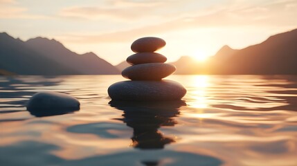 Peaceful Stack of Smooth Round Stones Balanced at Sunset