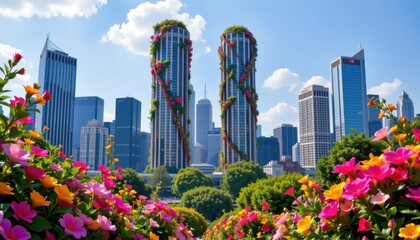 Urban Blossom A cityscape featuring tall skyscrapers intertwined with vibrant flowers and greenery, blending nature and architecture.