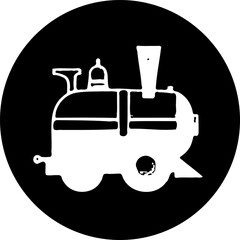 Monochrome locomotive icon illustration against a stark black circular backdrop