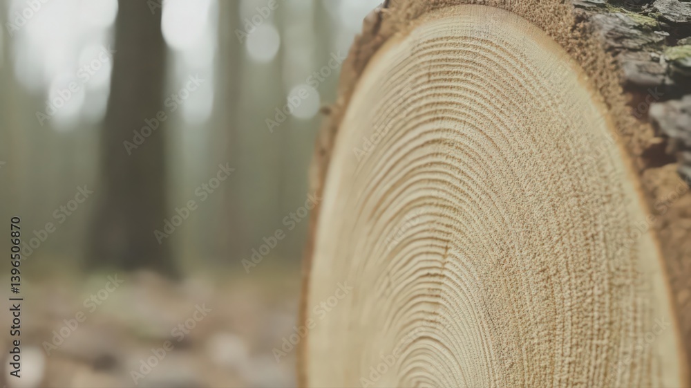 Poster Close Up Tree Trunk Cross Section Showing Growth Rings in a Forest Setting
