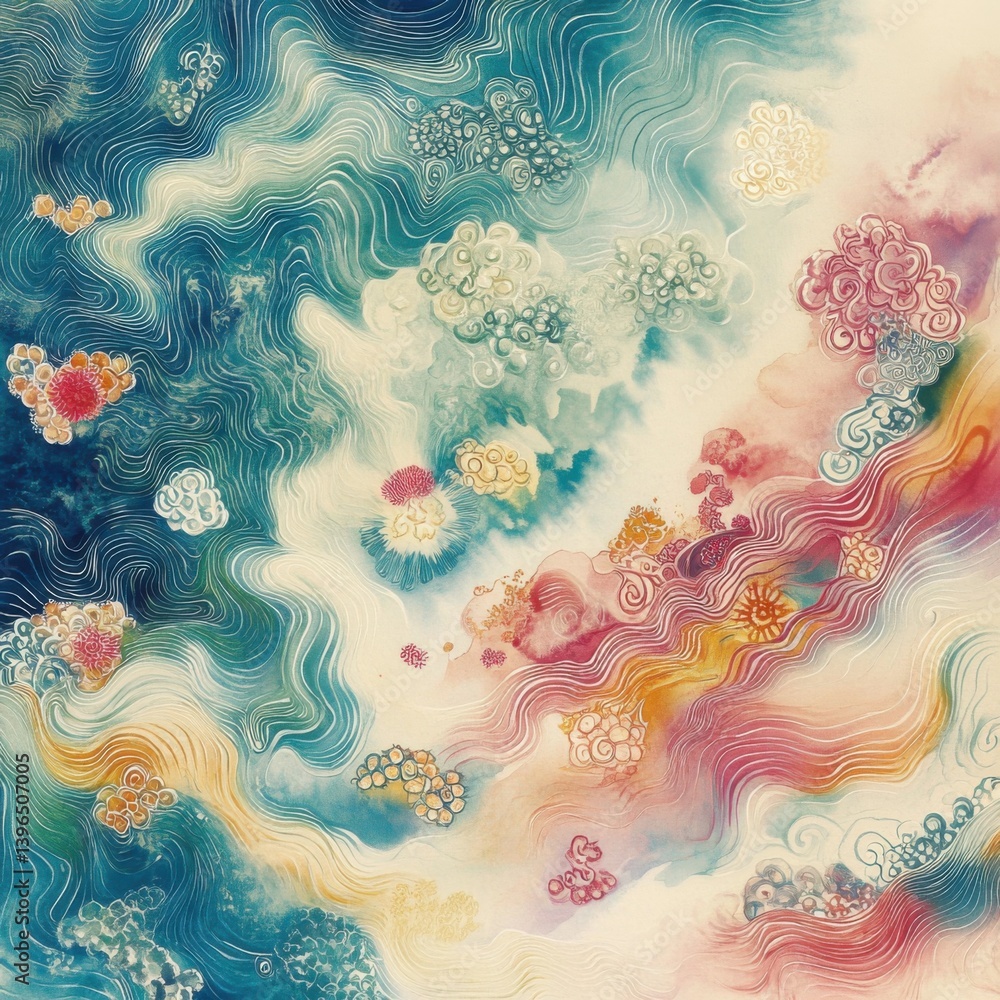 Poster a colorful abstract artwork featuring swirling patterns and floral elements, creating a sense of mov
