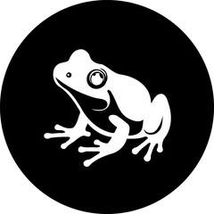Stylized frog silhouette set against a stark circular background for graphic use