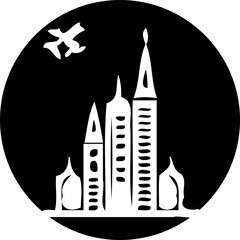 Silhouette Illustration of a Fictional Cityscape with Stylized Building and a Soaring Creature