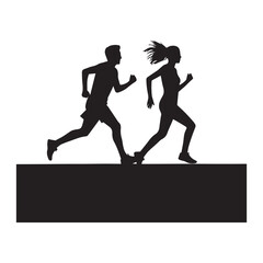 Running man and woman young athletes run in a race young couple running silhouette white Background