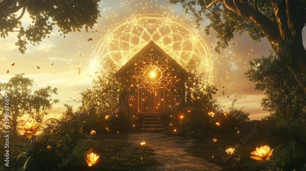 Poster pyramid structure with glowing orb background surrounded by trees in a nature setting.