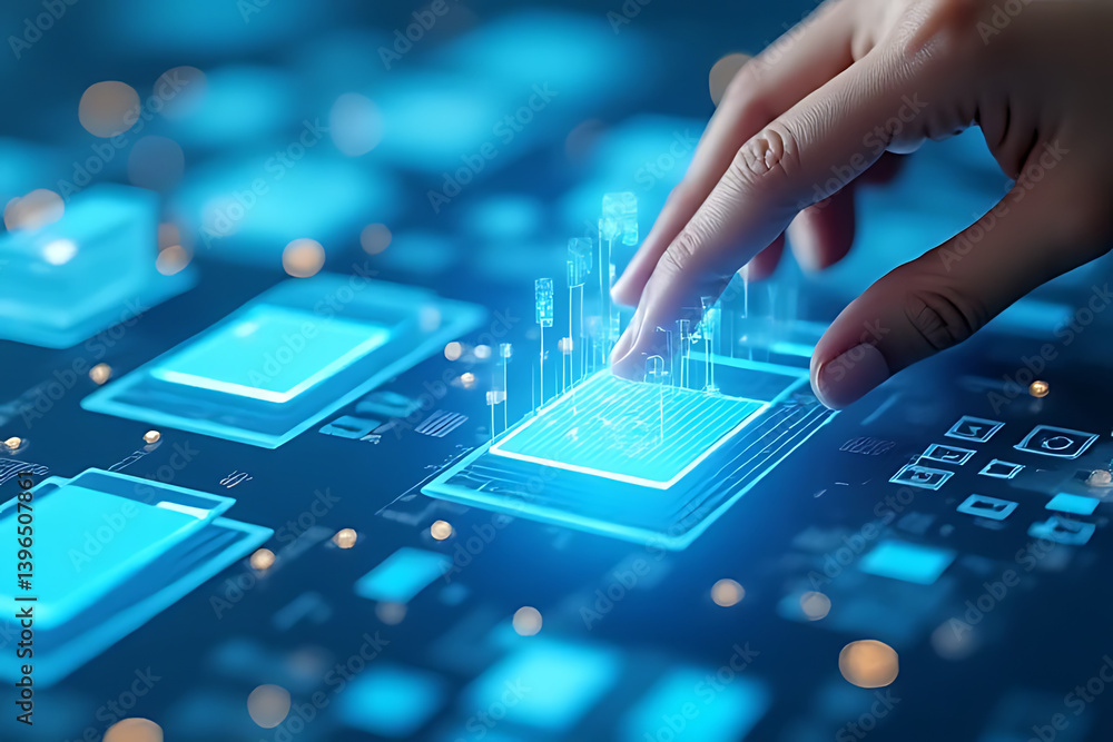 Poster interactive technology interface digital workspace virtual environment futuristic perspective