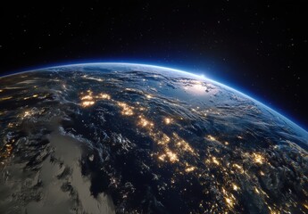 Fototapeta premium Stunning view of Earth from space, showcasing city lights and a vibrant sunrise.