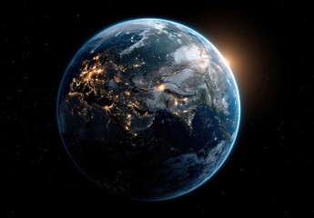 Obraz premium Stunning view of Earth from space with glowing city lights and a sunrise horizon.