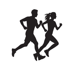 Running man and woman young athletes run in a race young couple running silhouette white Background