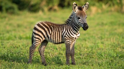 Fototapeta premium A young zebra stands in a lush green field, its striking stripes contrasting with the vibrant grass. A captivating wildlife portrait