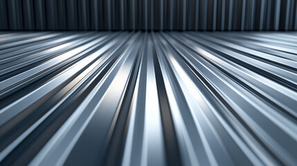 Closeup of shiny galvanized rib corrugated steel sheet roofing metal plate, symbolizing modernity, durability, strength, industrial resilience, and contemporary architectural style.


