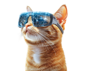 Cyber Orange Cat - Adorable cat with sci-fi glasses, blending tech and cuteness. Great for futuristic designs, digital art, or virtual reality themes. Transparent background.