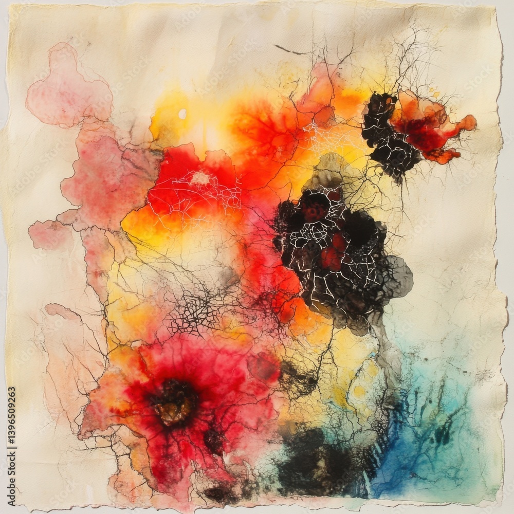 Poster a vibrant abstract artwork featuring flowing colors of red, yellow, black, and blue, with intricate,