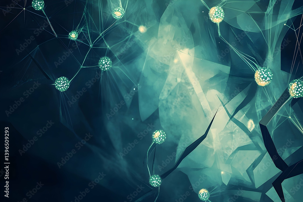Poster a network of interconnected luminous spheres in a teal-toned abstract space.