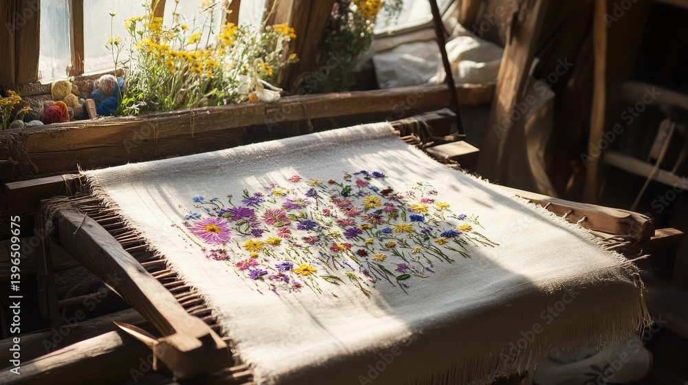 Poster loom with floral design textile in a rustic workshop with window light.
