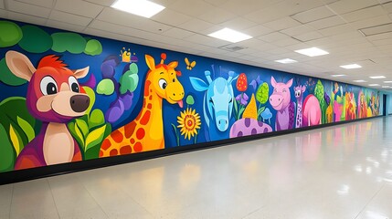 A long hallway features a vibrant mural of various cartoon animals, creating a cheerful and playful atmosphere. Vibrant Animal Mural in a Childrens Hallway