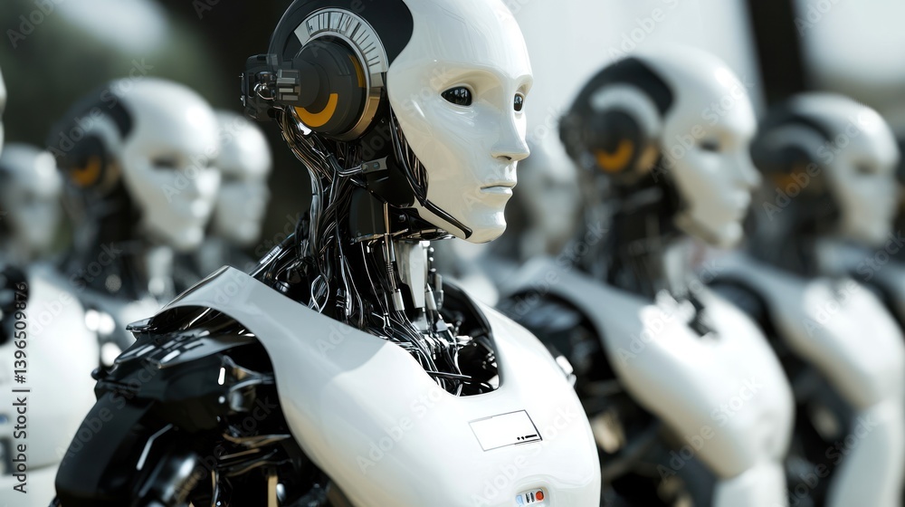 Poster futuristic androids standing in formation: visual representation of the future world
